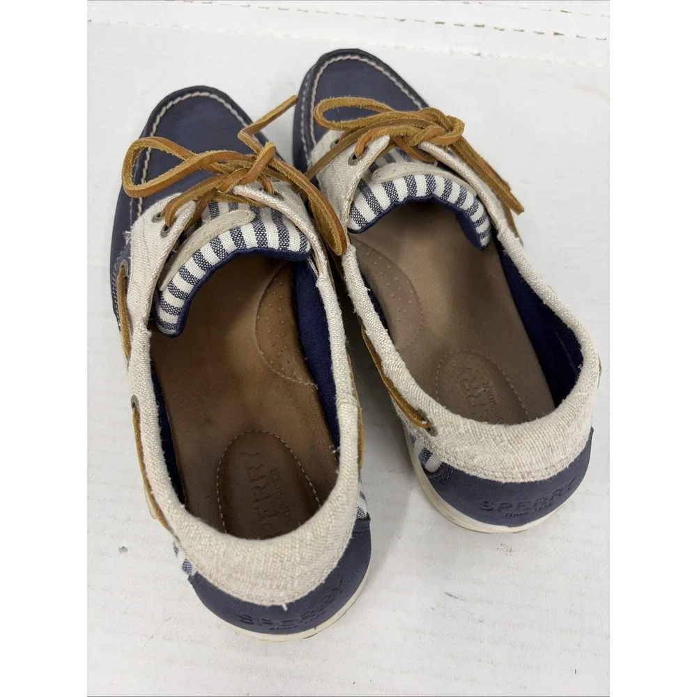 Sperry Top-Sider Women's 8M Boat Shoes Navy Cream Striped Leather Canvas T14